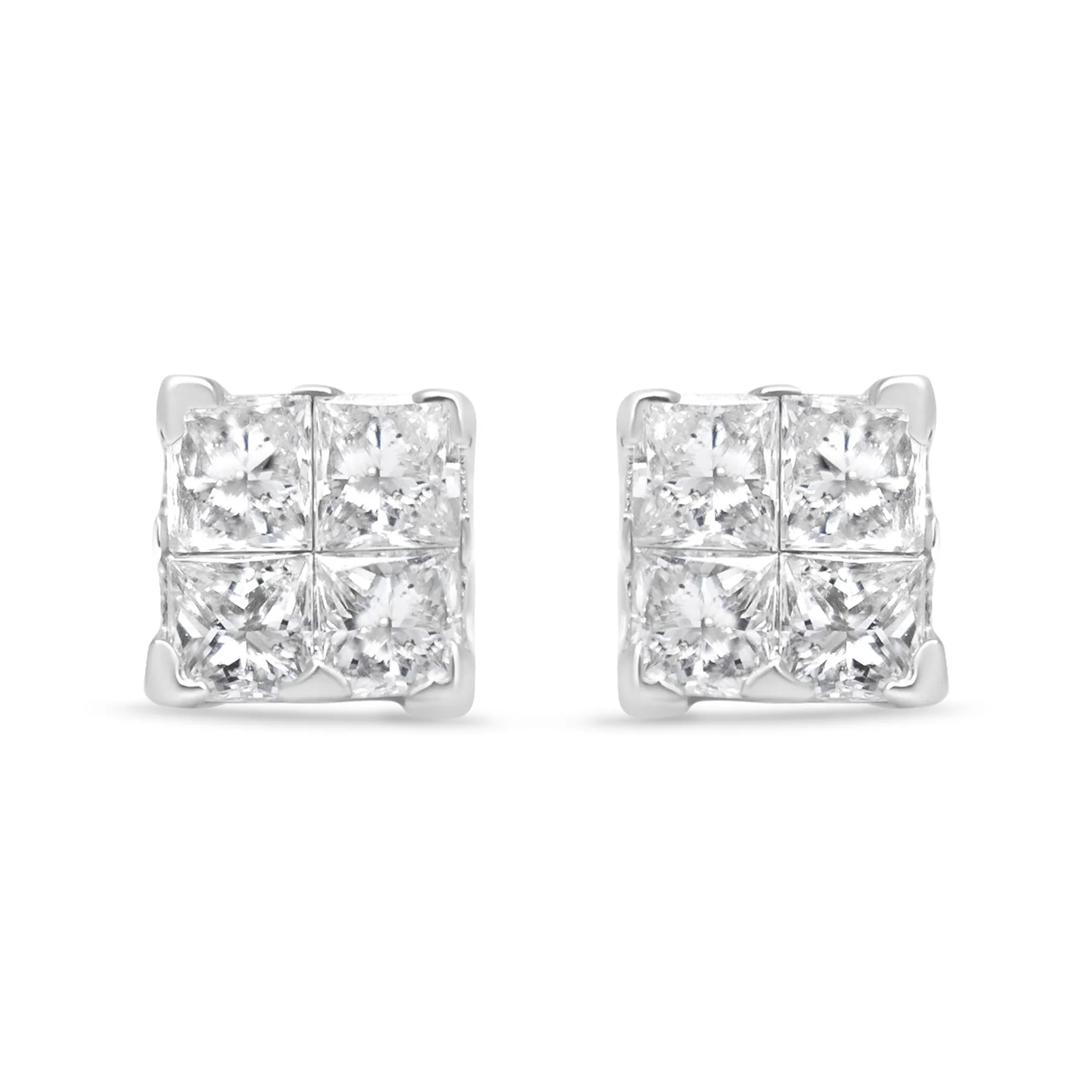 14K White Gold 1/2 Cttw Invisible-Set Princess Diamond Quad Cluster Stud Earrings (H-I Color, SI1-SI2 Clarity)