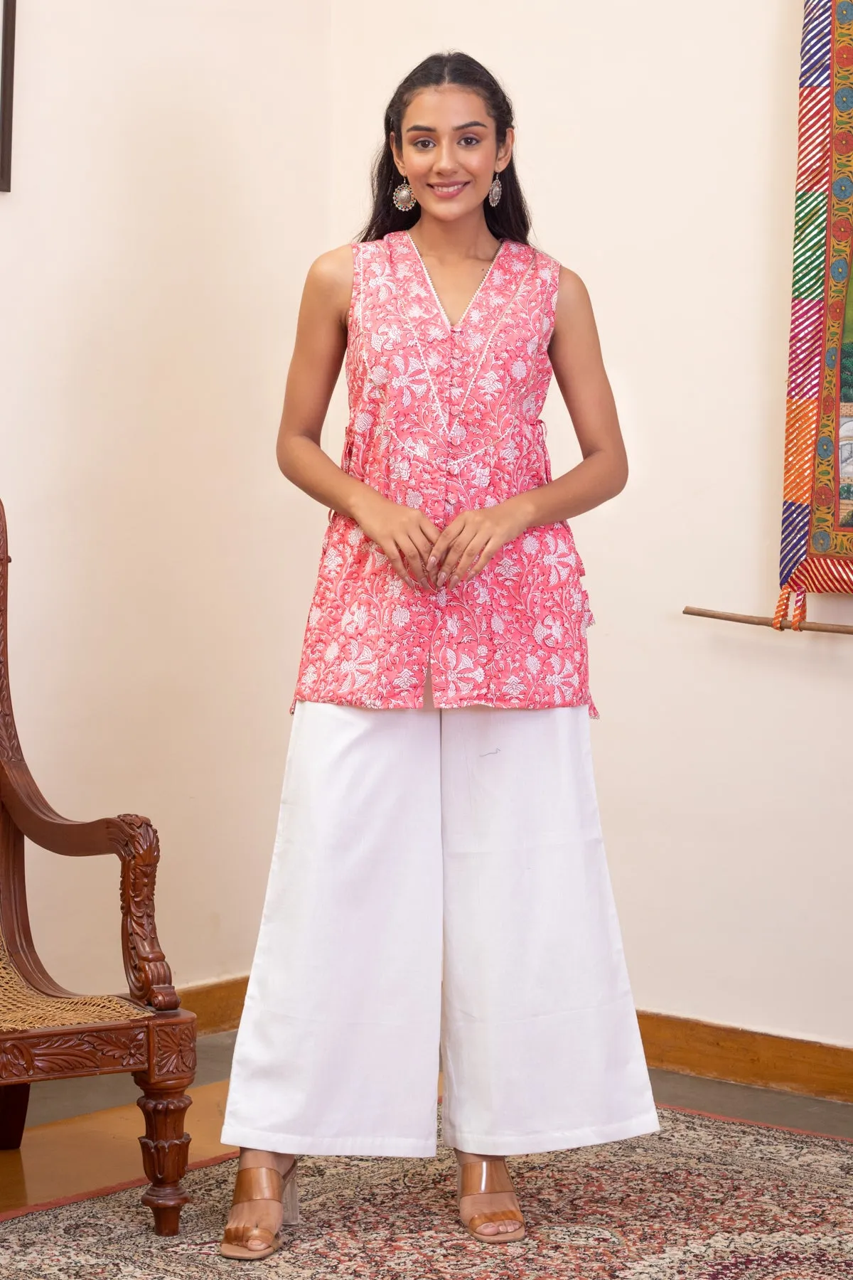 Alia Pink Block Print Top and White Flared Pants - Set