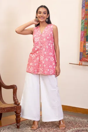 Alia Pink Block Print Top and White Flared Pants - Set