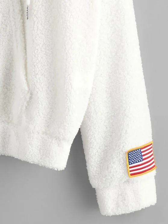 American Flag Dreamer Embroidered Quarter Zip Teddy Hoodie for Women