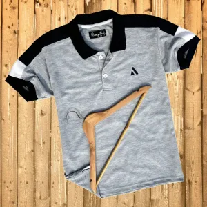 Ash Color Polo T-Shirt with Navy Blue Shoulder Cut