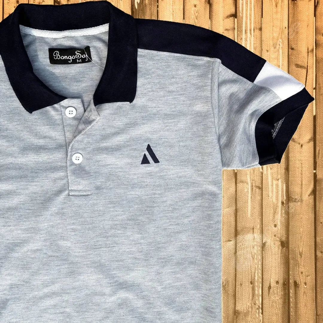 Ash Color Polo T-Shirt with Navy Blue Shoulder Cut