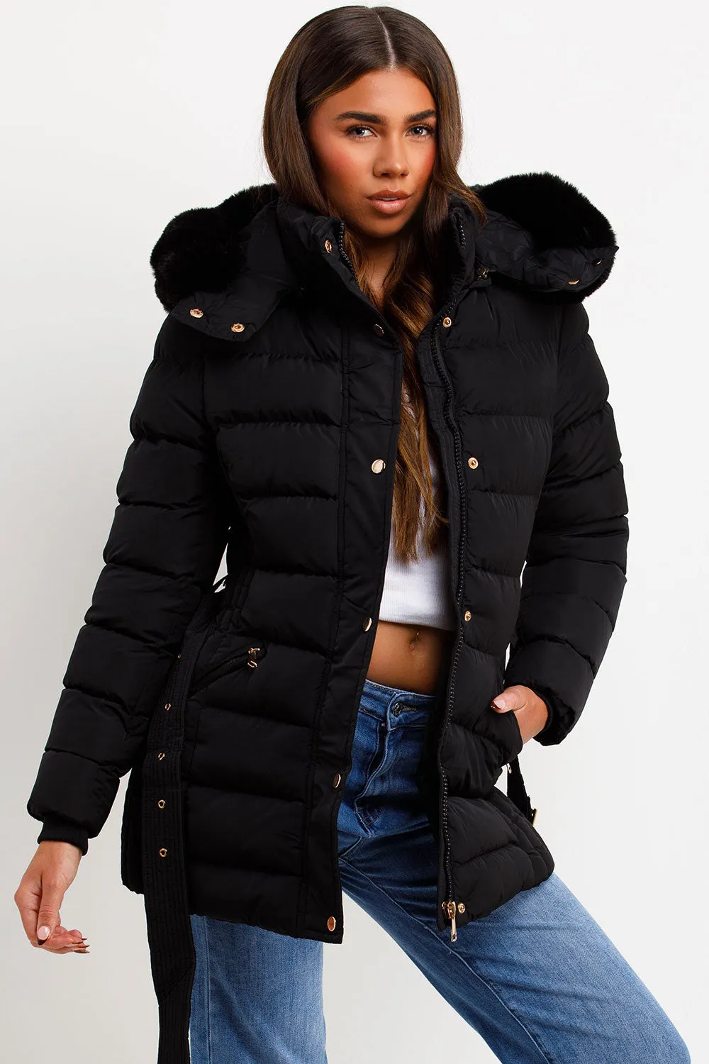 Black Puffer Coat With Faux Fur Hood And Belt