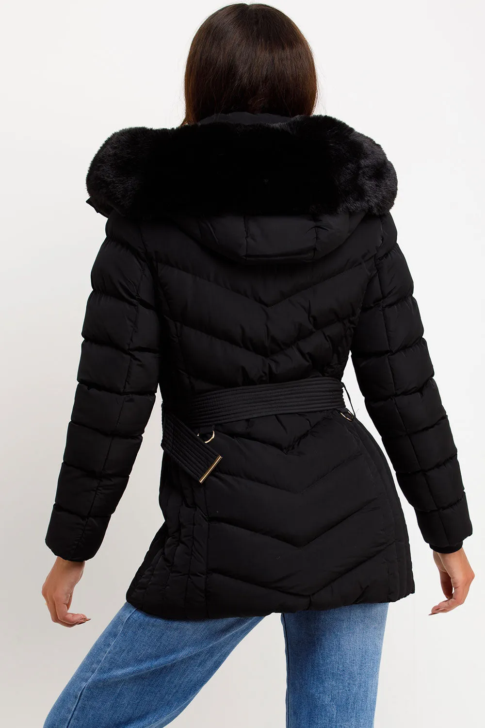 Black Puffer Coat With Faux Fur Hood And Belt