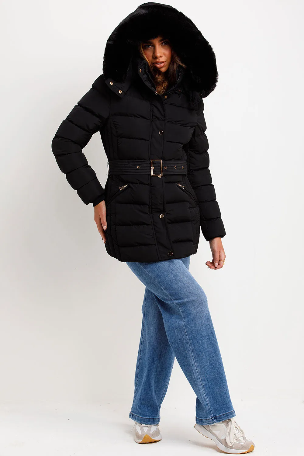 Black Puffer Coat With Faux Fur Hood And Belt