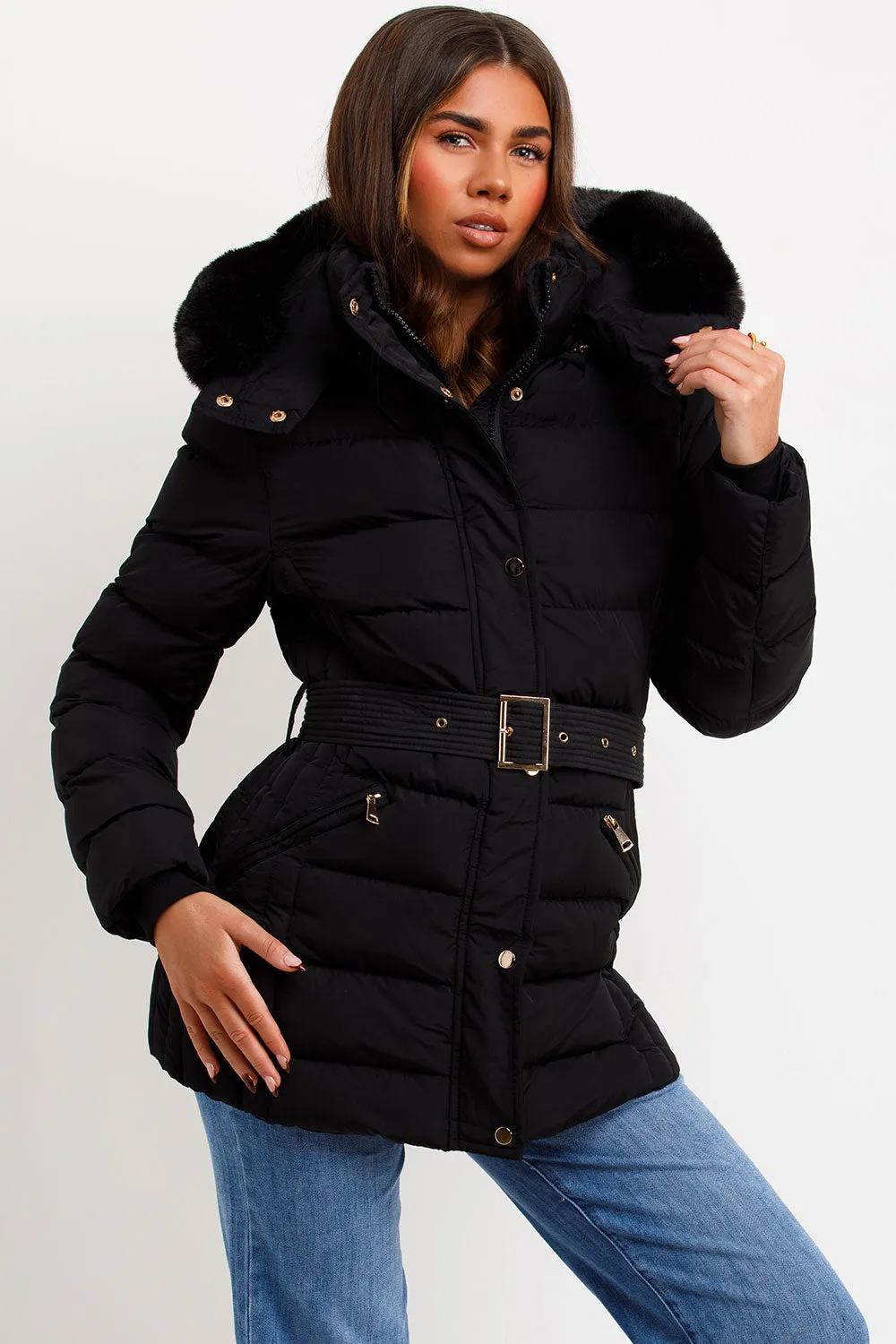 Black Puffer Coat With Faux Fur Hood And Belt