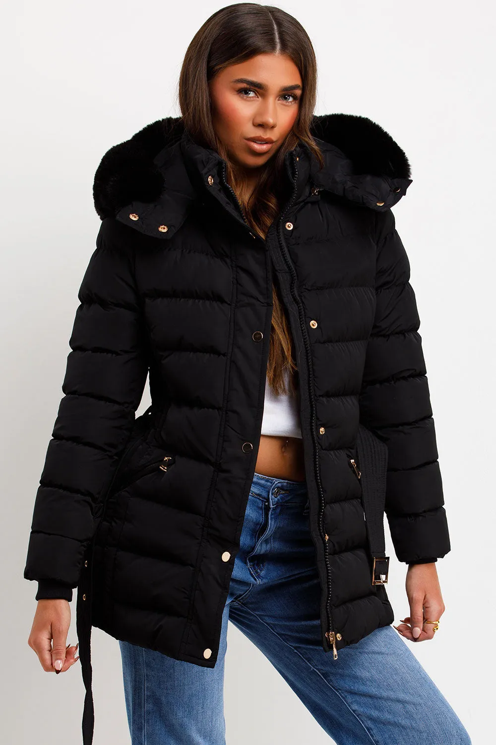 Black Puffer Coat With Faux Fur Hood And Belt