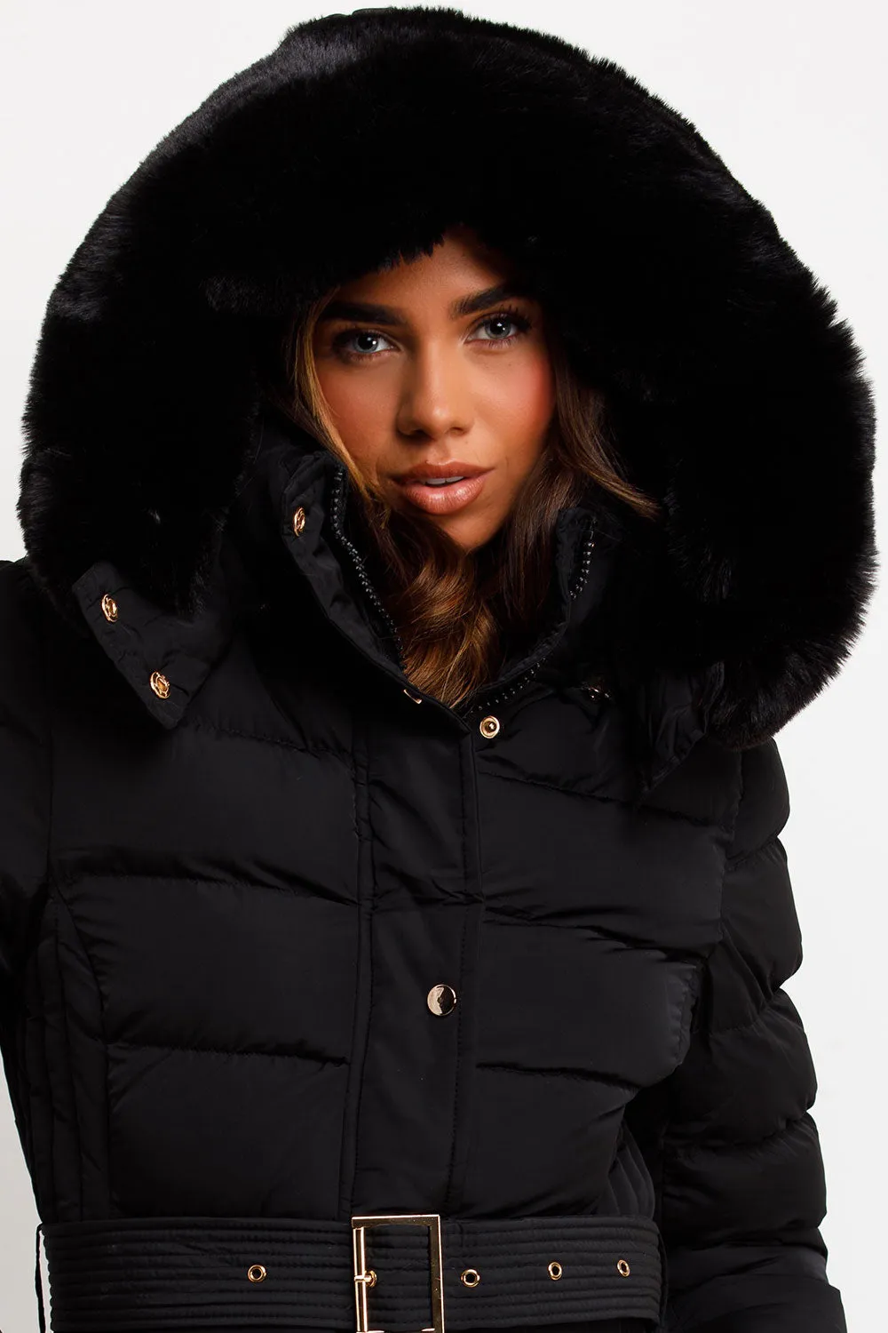 Black Puffer Coat With Faux Fur Hood And Belt