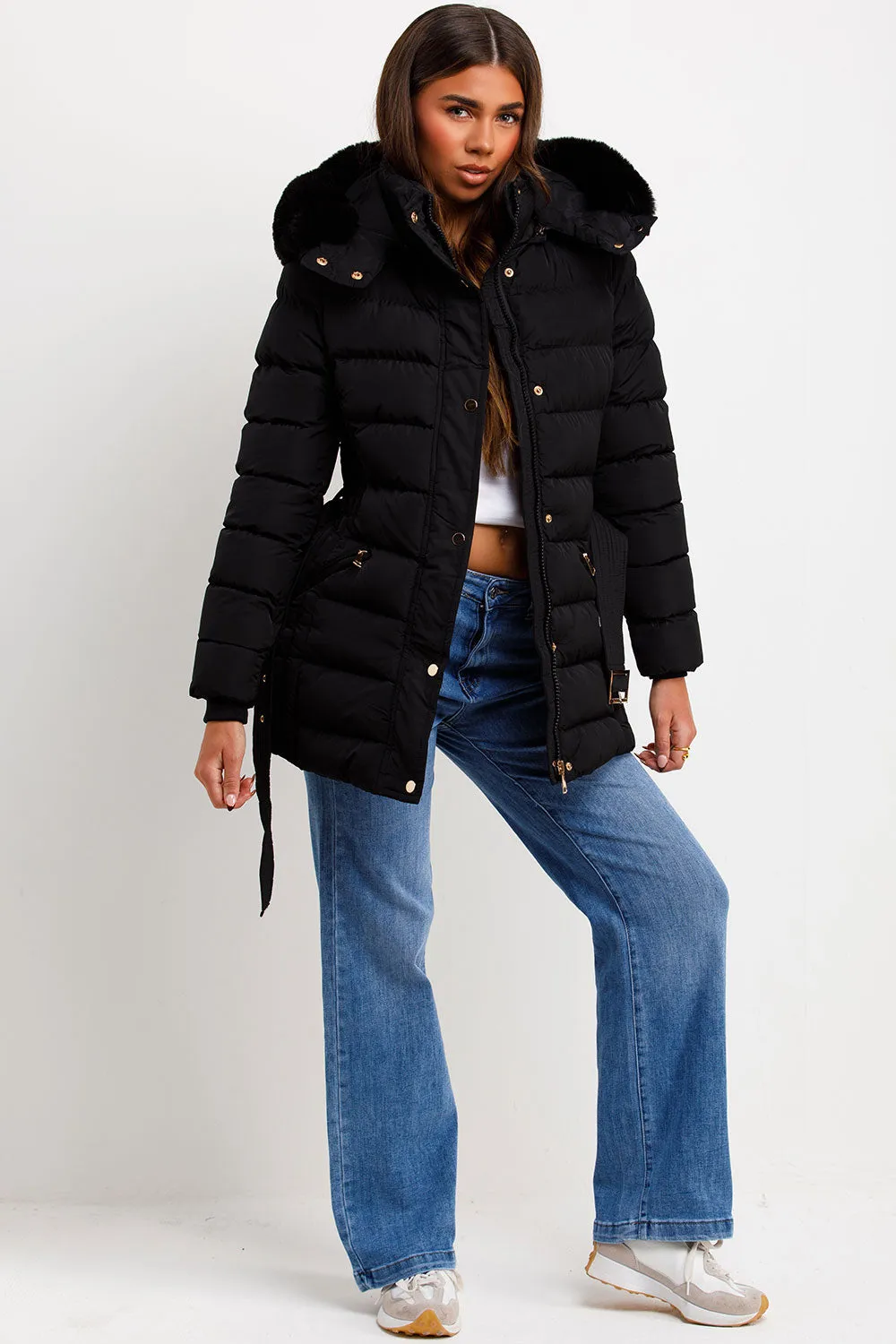 Black Puffer Coat With Faux Fur Hood And Belt
