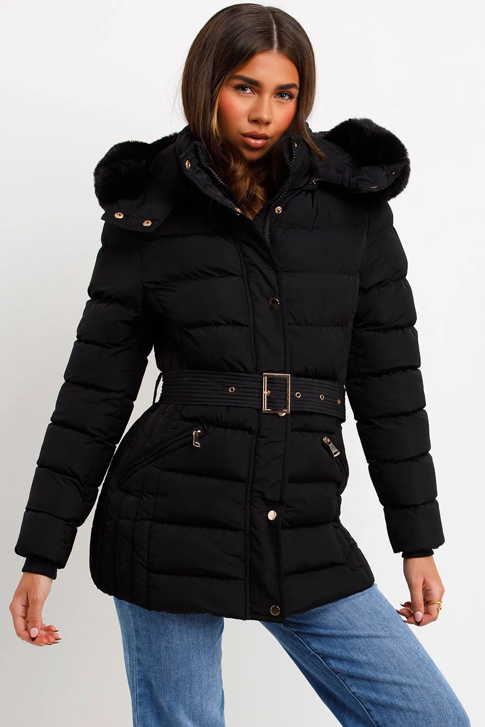 Black Puffer Coat With Faux Fur Hood And Belt