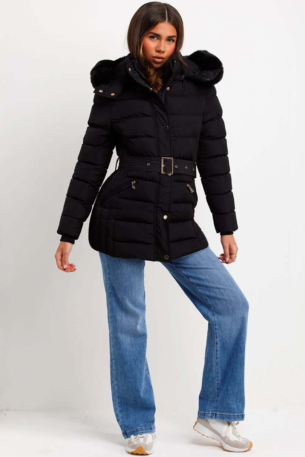 Black Puffer Coat With Faux Fur Hood And Belt
