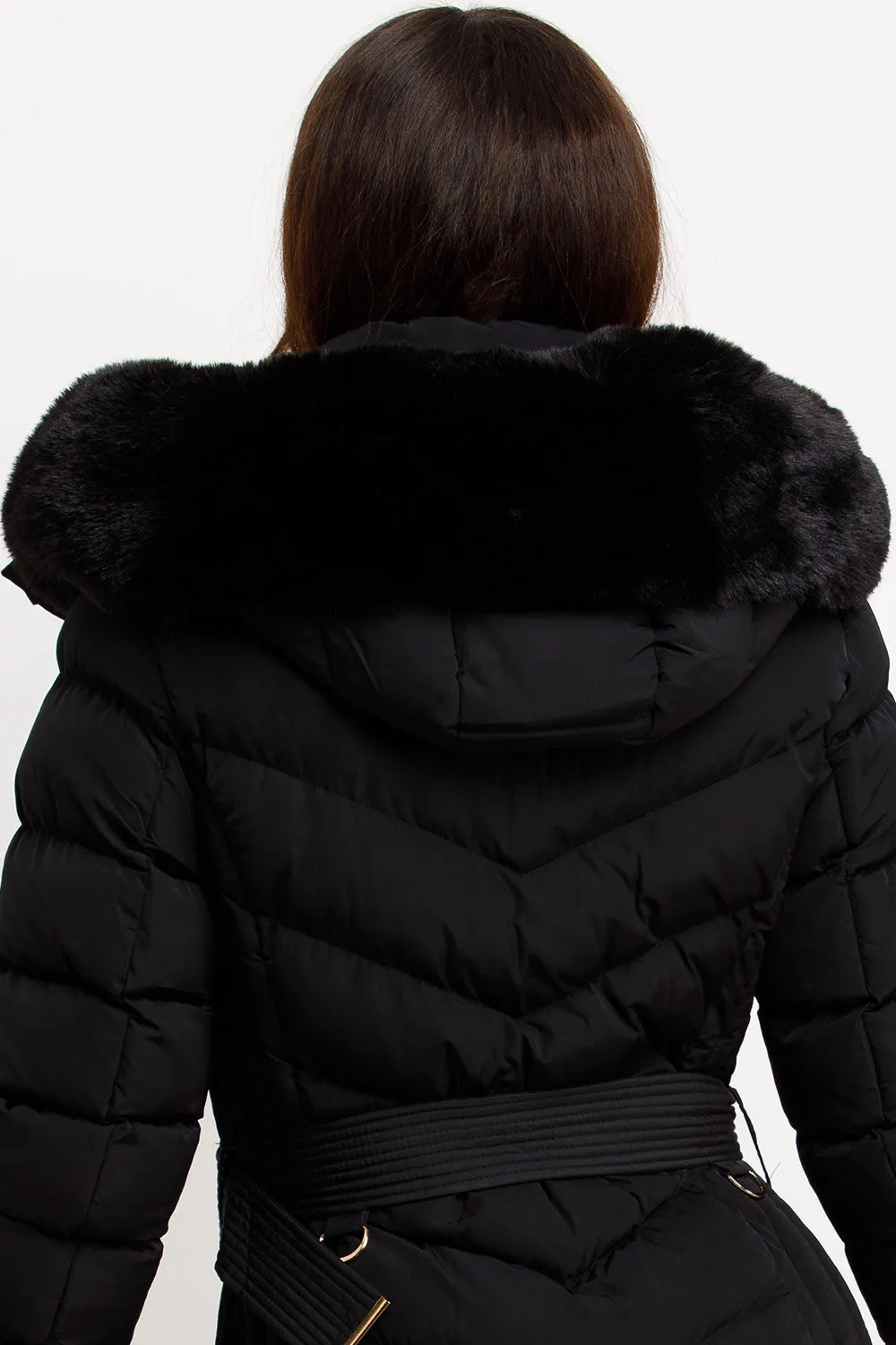 Black Puffer Coat With Faux Fur Hood And Belt