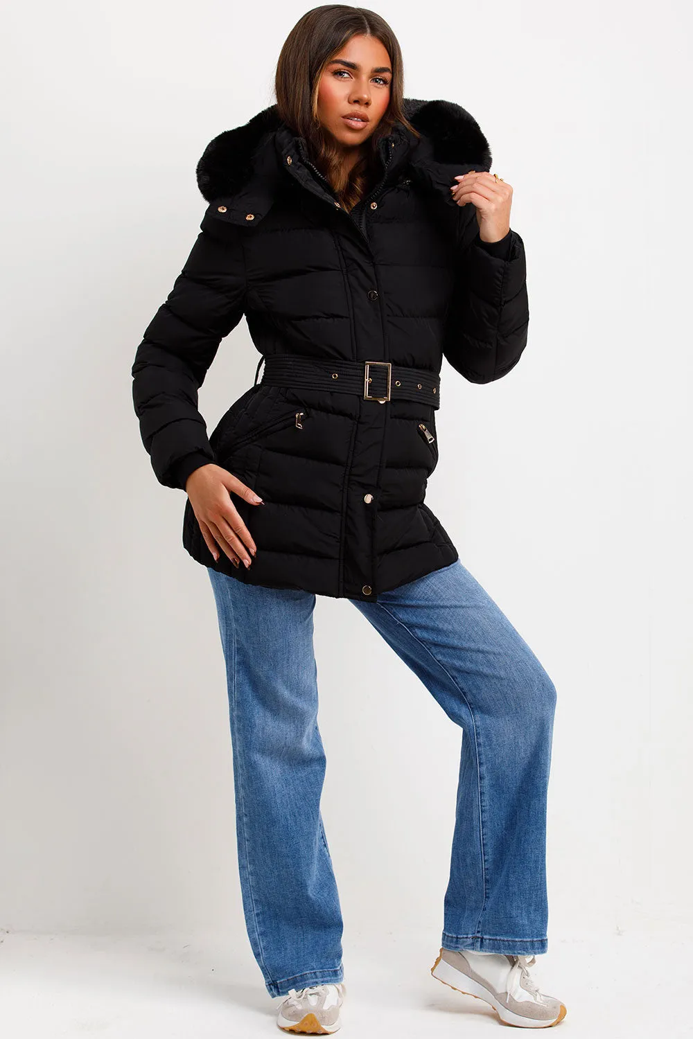 Black Puffer Coat With Faux Fur Hood And Belt