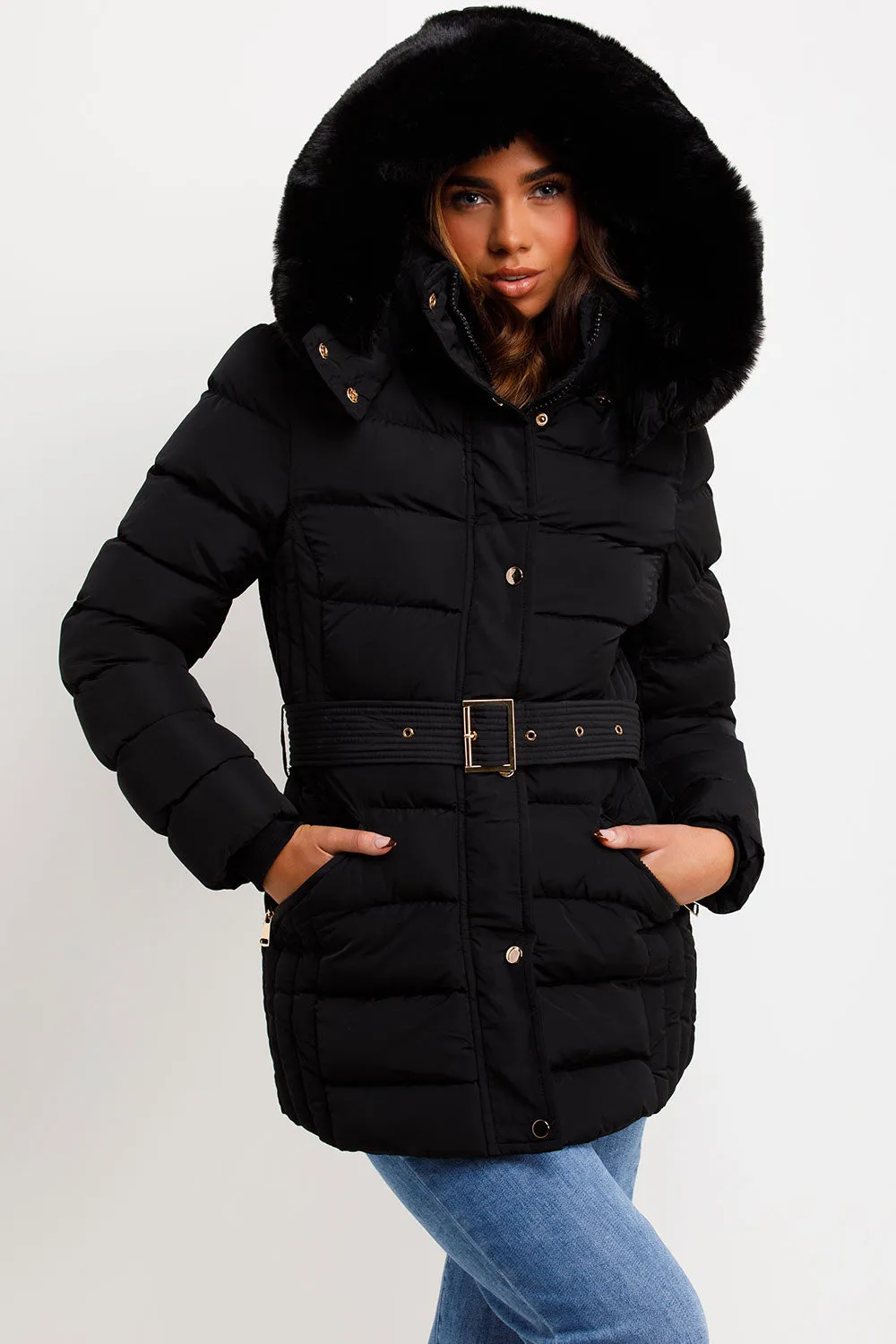 Black Puffer Coat With Faux Fur Hood And Belt