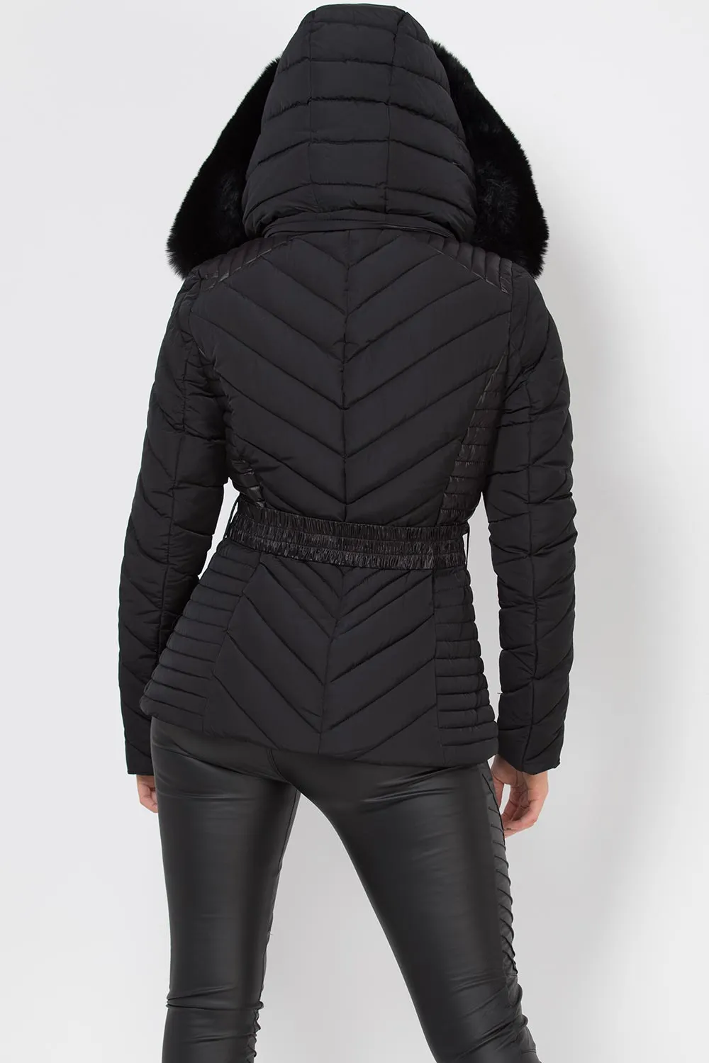 Black Puffer Quilted Jacket With Faux Fur Hood And Belt