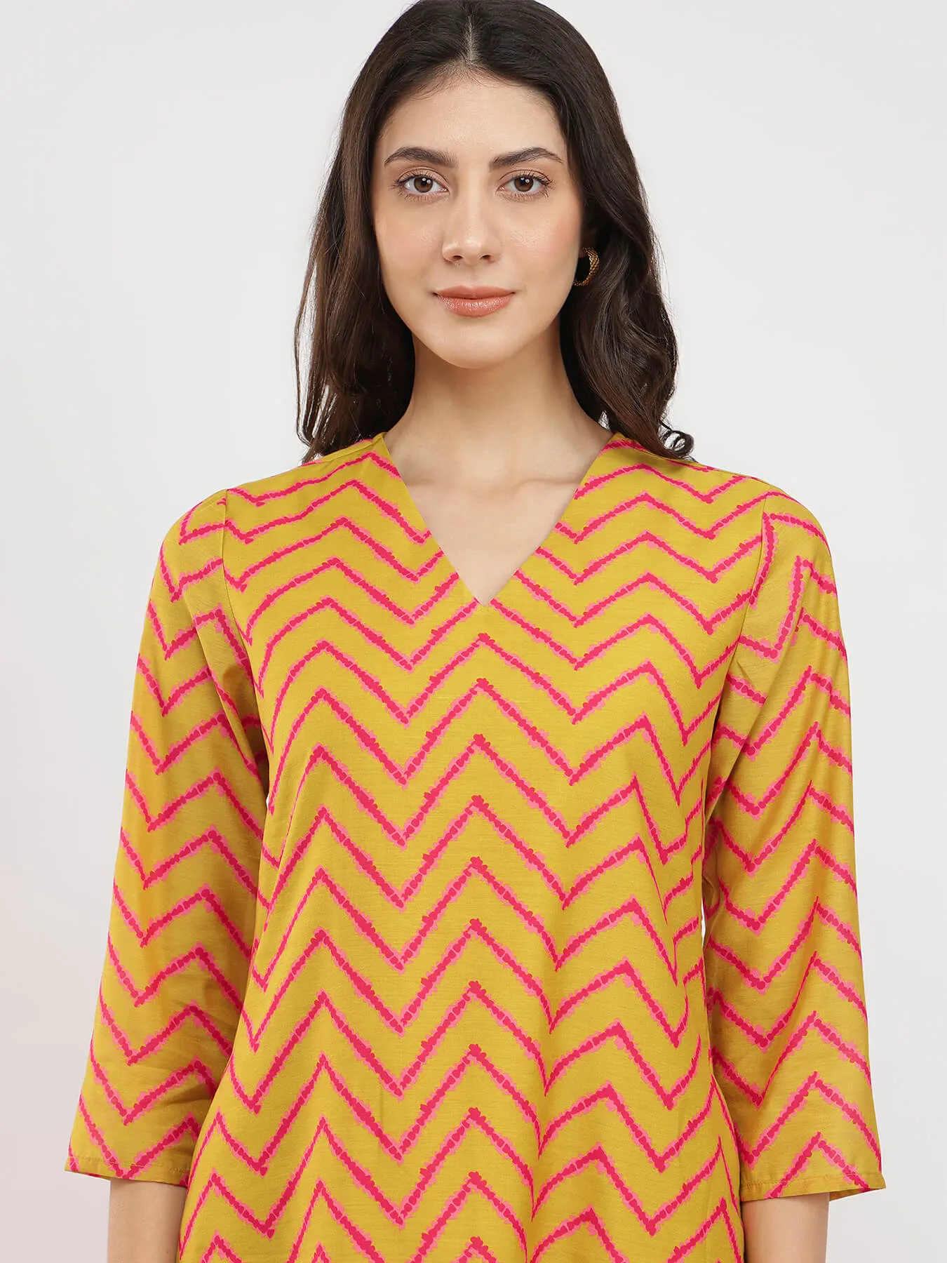 Chevron Print Kurta set - Yellow & Fuchsia
