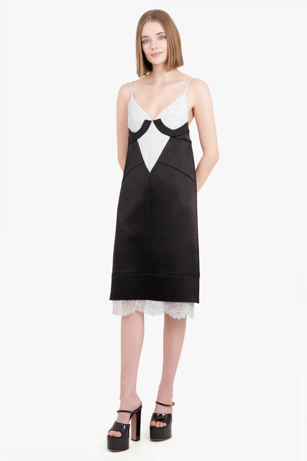 CONTRAST LACE SLIP DRESS BLACK