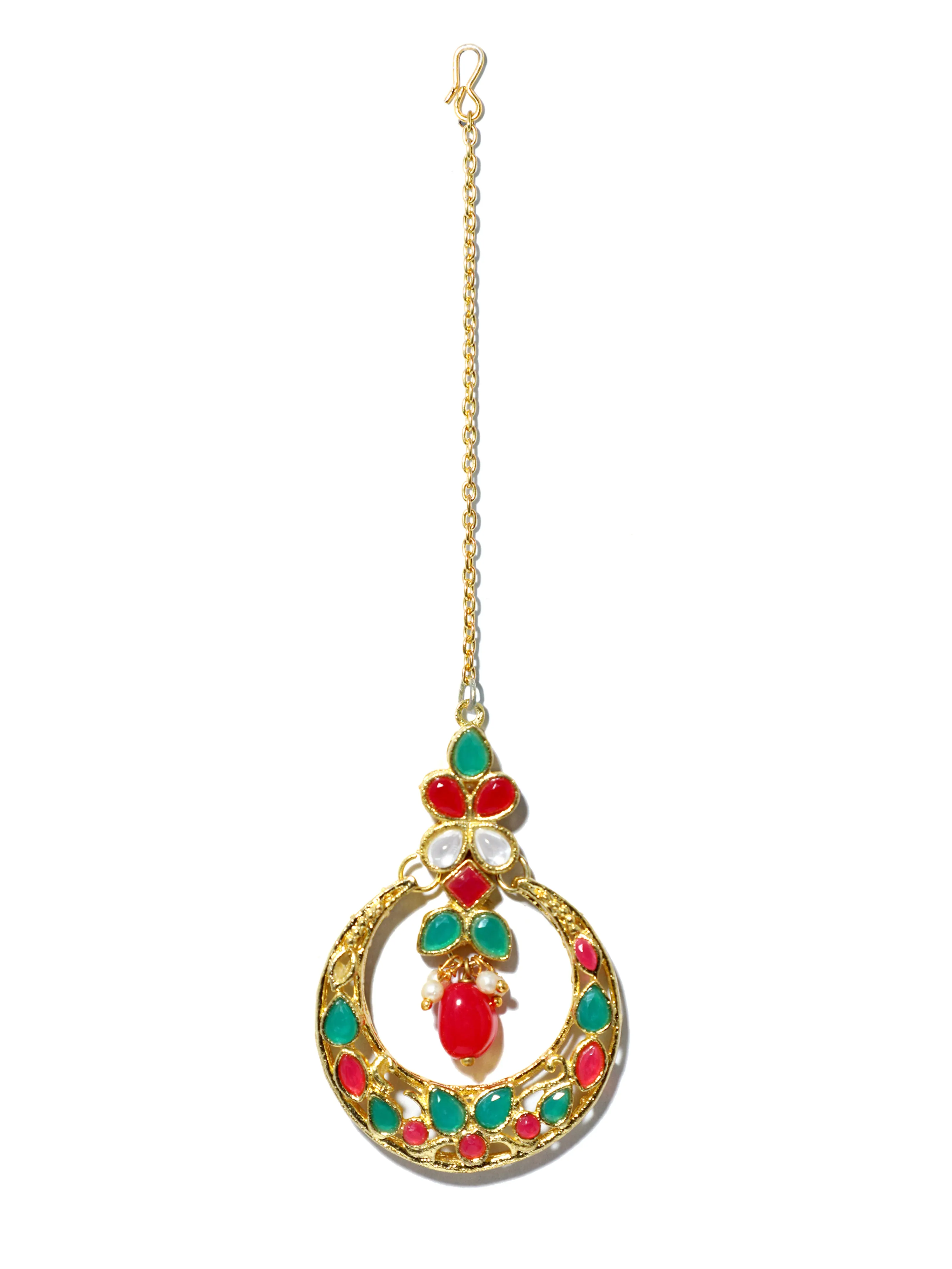 Gold Plated Red and Green Kundan Chnadbali Earrings with Maangtikka