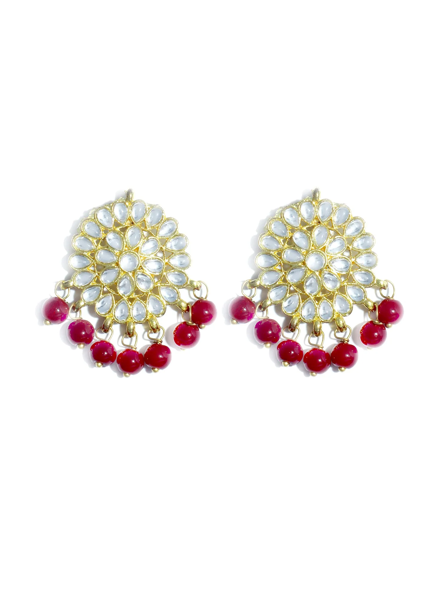 Gold Plated Red Beads Kundan Dangler Earrings with Maangtikka for Women
