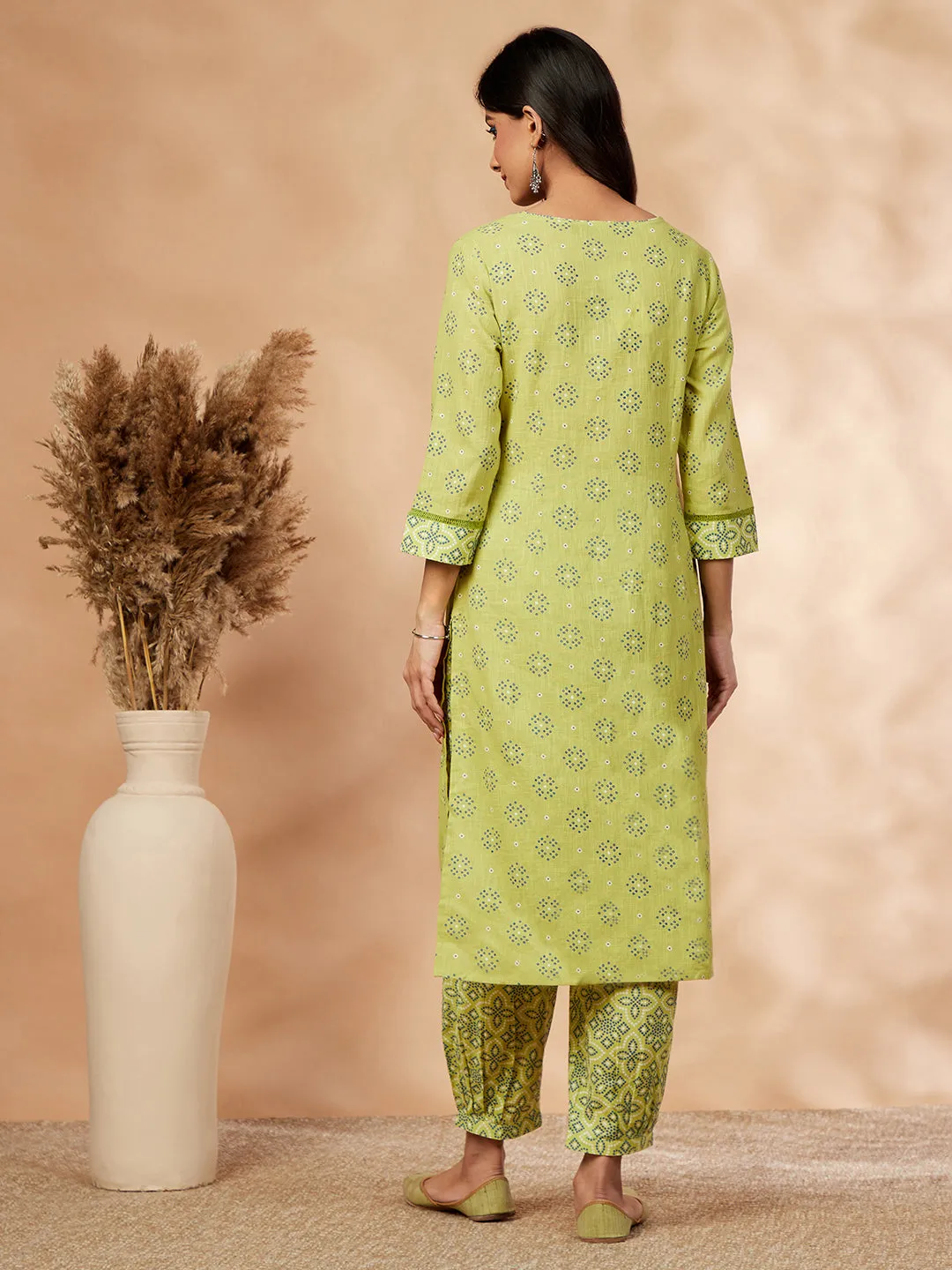 Green Printed Straight Kurta Set