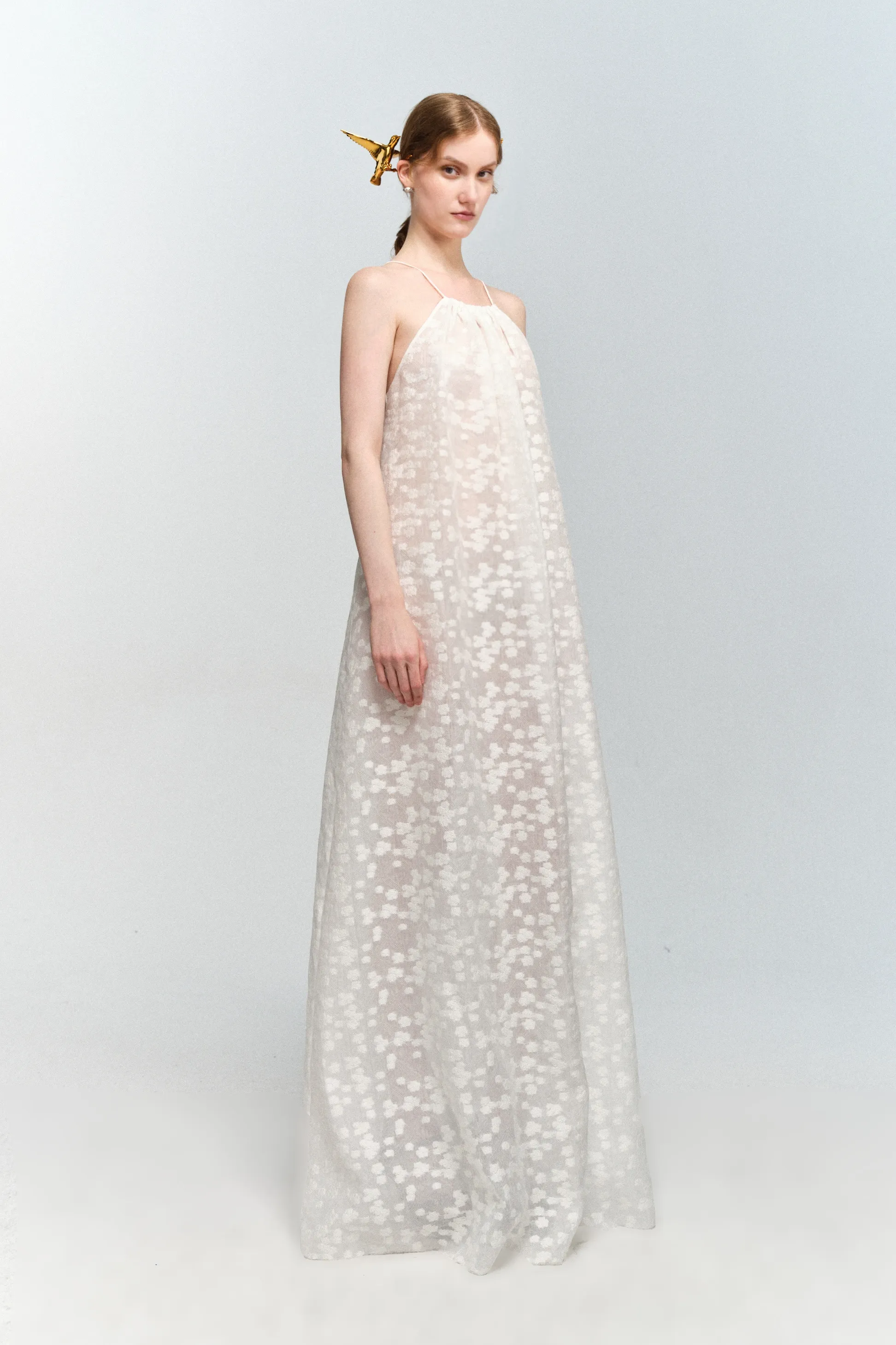 Halter Neck White Floral Jacquard Dress