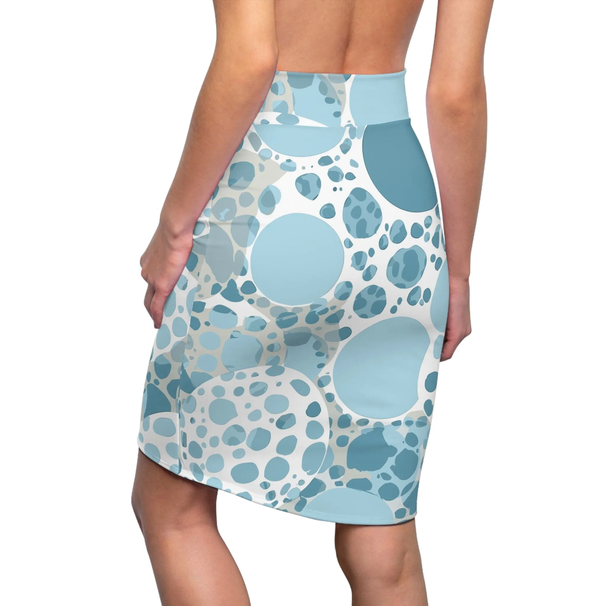 High Waist Womens Pencil Skirt - Contour Stretch - Blue and White Circular Spotted Illustration