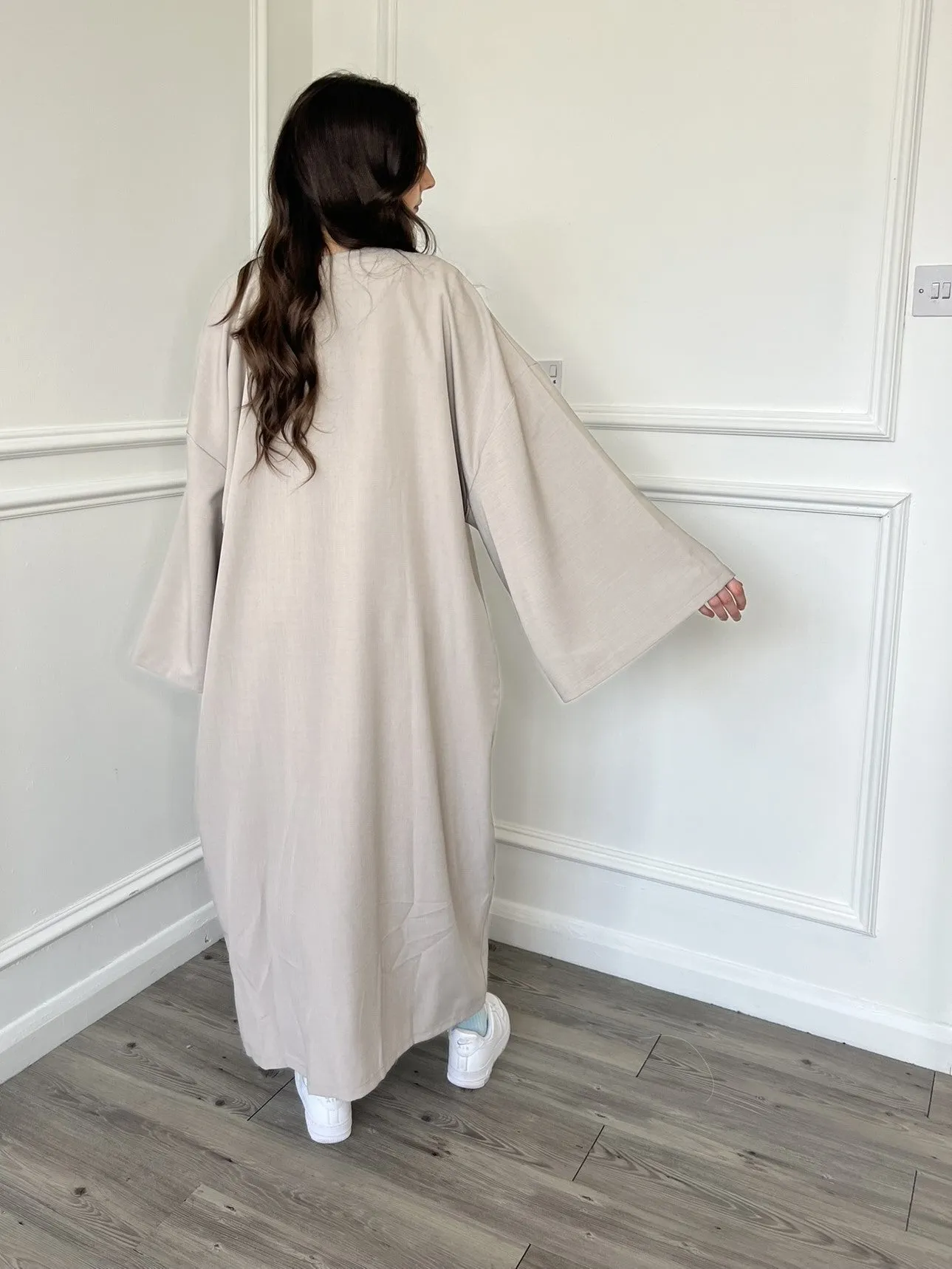 Linen Look Kimono Abaya - Oat