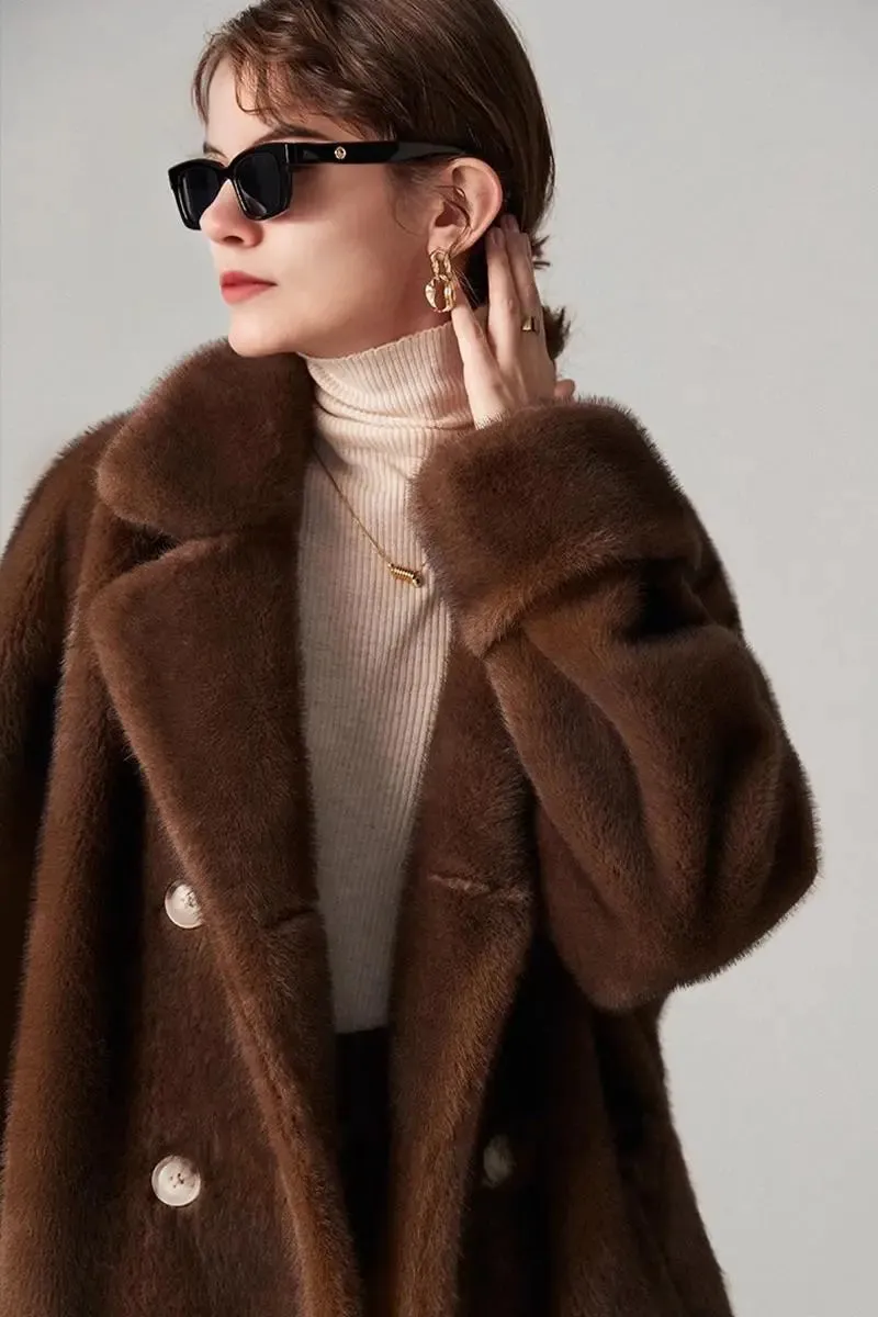 Long Double-breasted Pink Faux Fur Coat With Lapel Collar