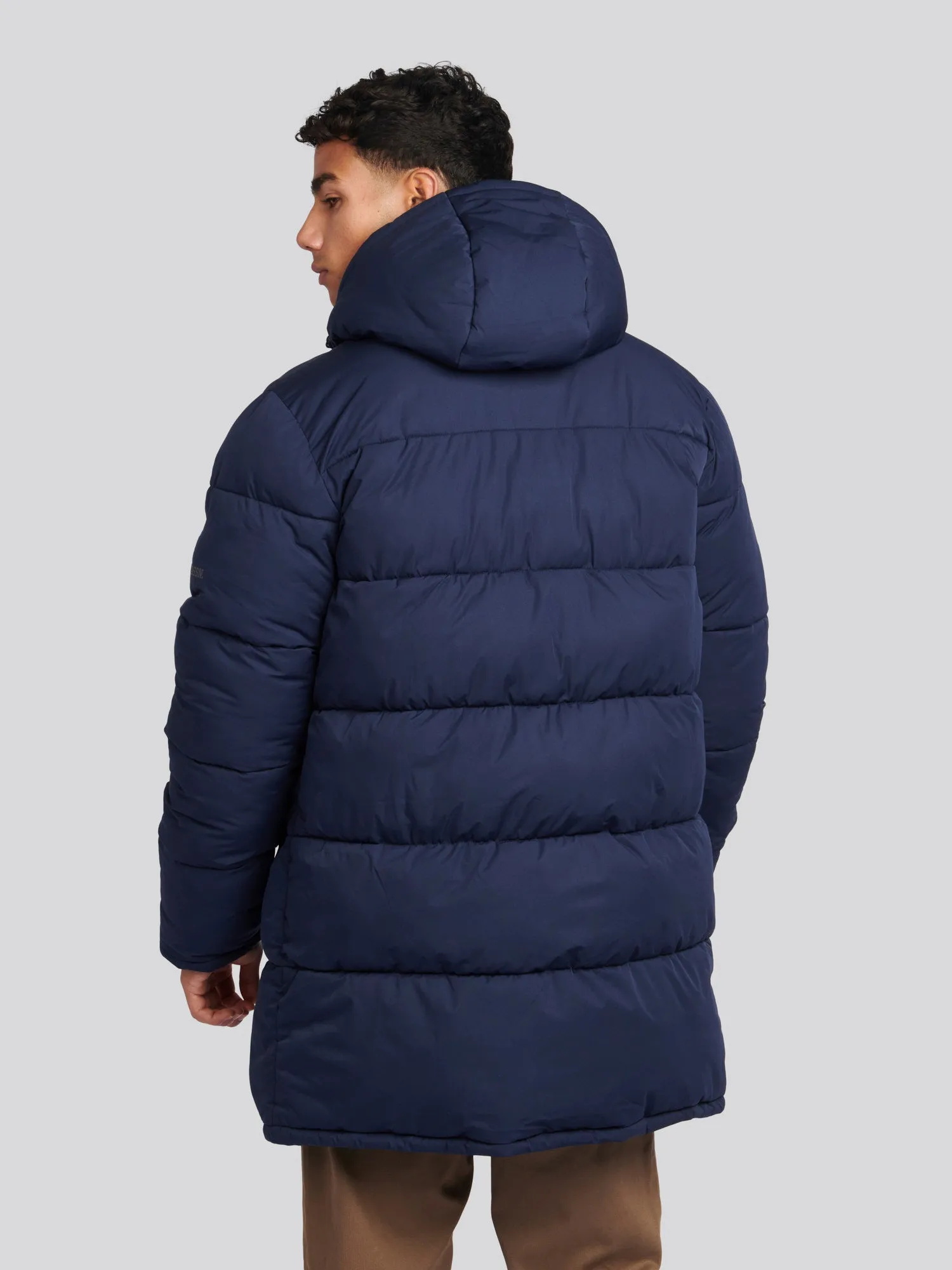 Mens Longline Puffer Coat in Navy Blue