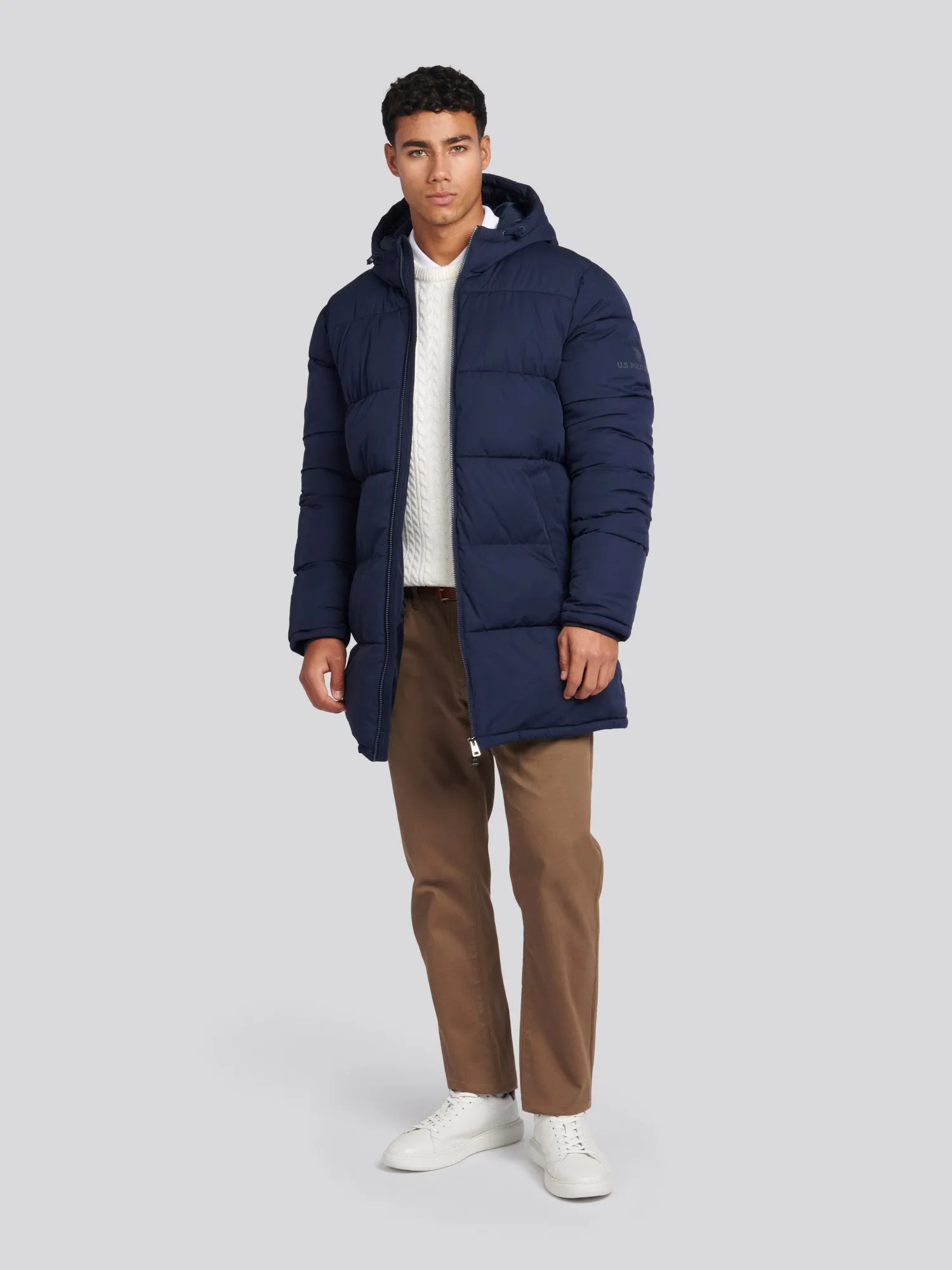 Mens Longline Puffer Coat in Navy Blue