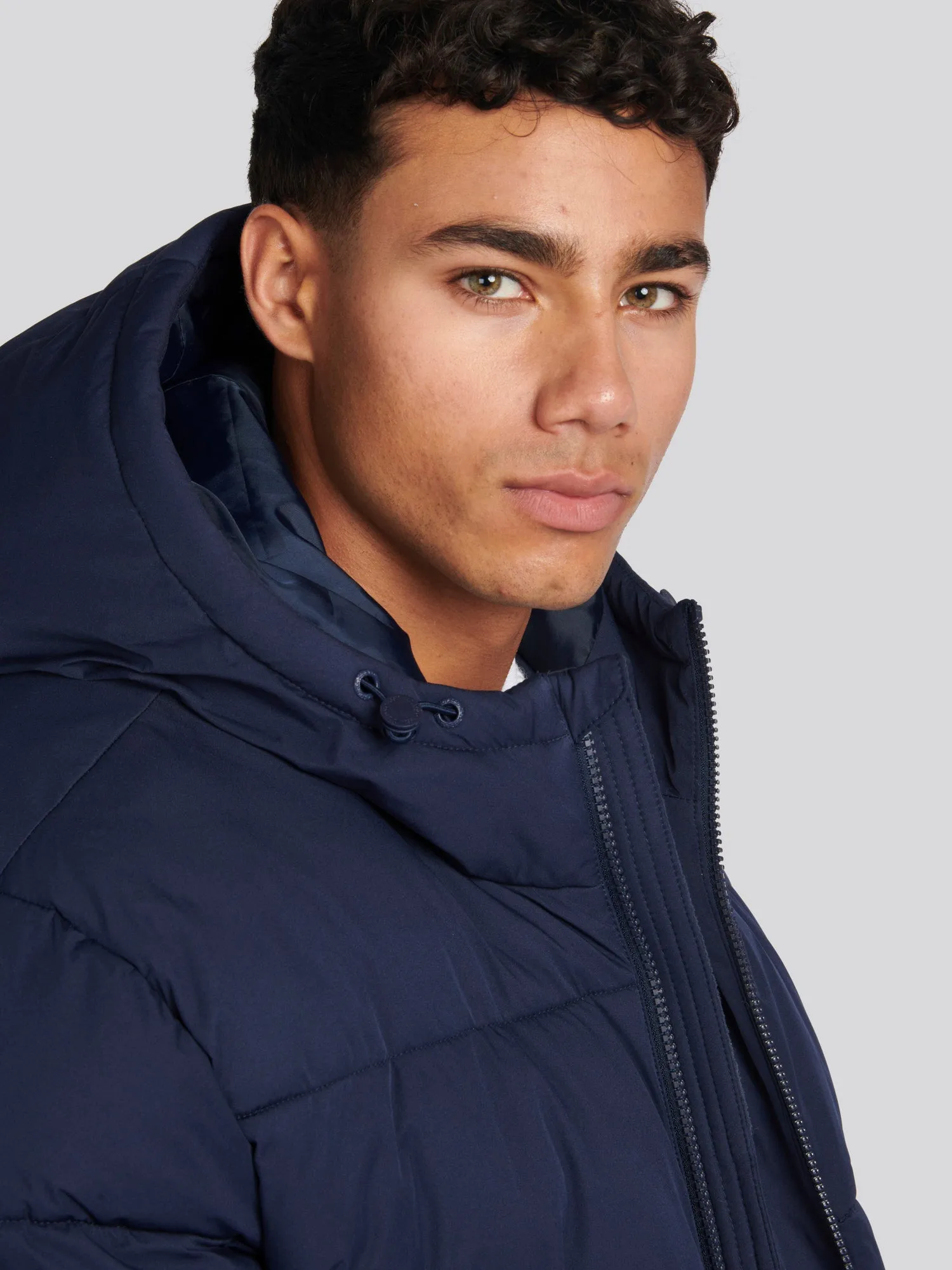 Mens Longline Puffer Coat in Navy Blue