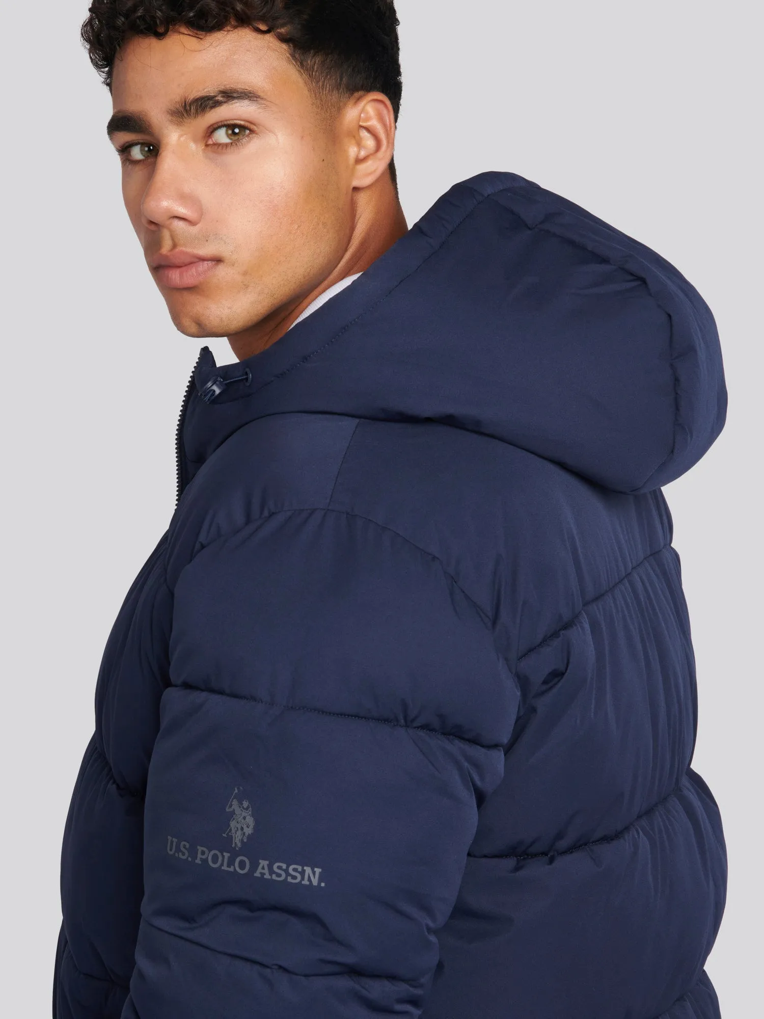 Mens Longline Puffer Coat in Navy Blue
