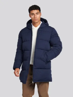 Mens Longline Puffer Coat in Navy Blue