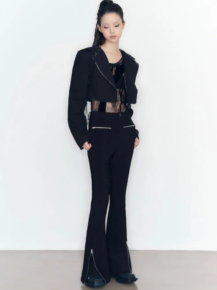 Metal Zipper Decoration Elastic Flared Pants