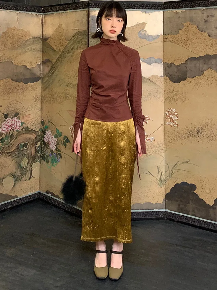 Metallic Pencil Conspicuous Glossy Long-Skirt