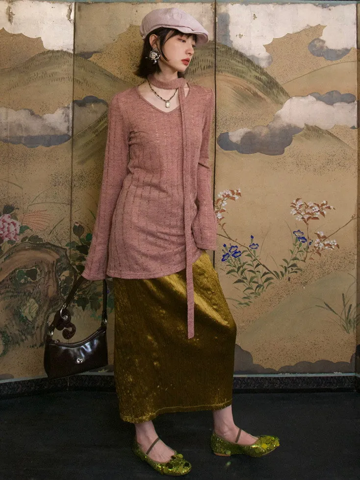 Metallic Pencil Conspicuous Glossy Long-Skirt