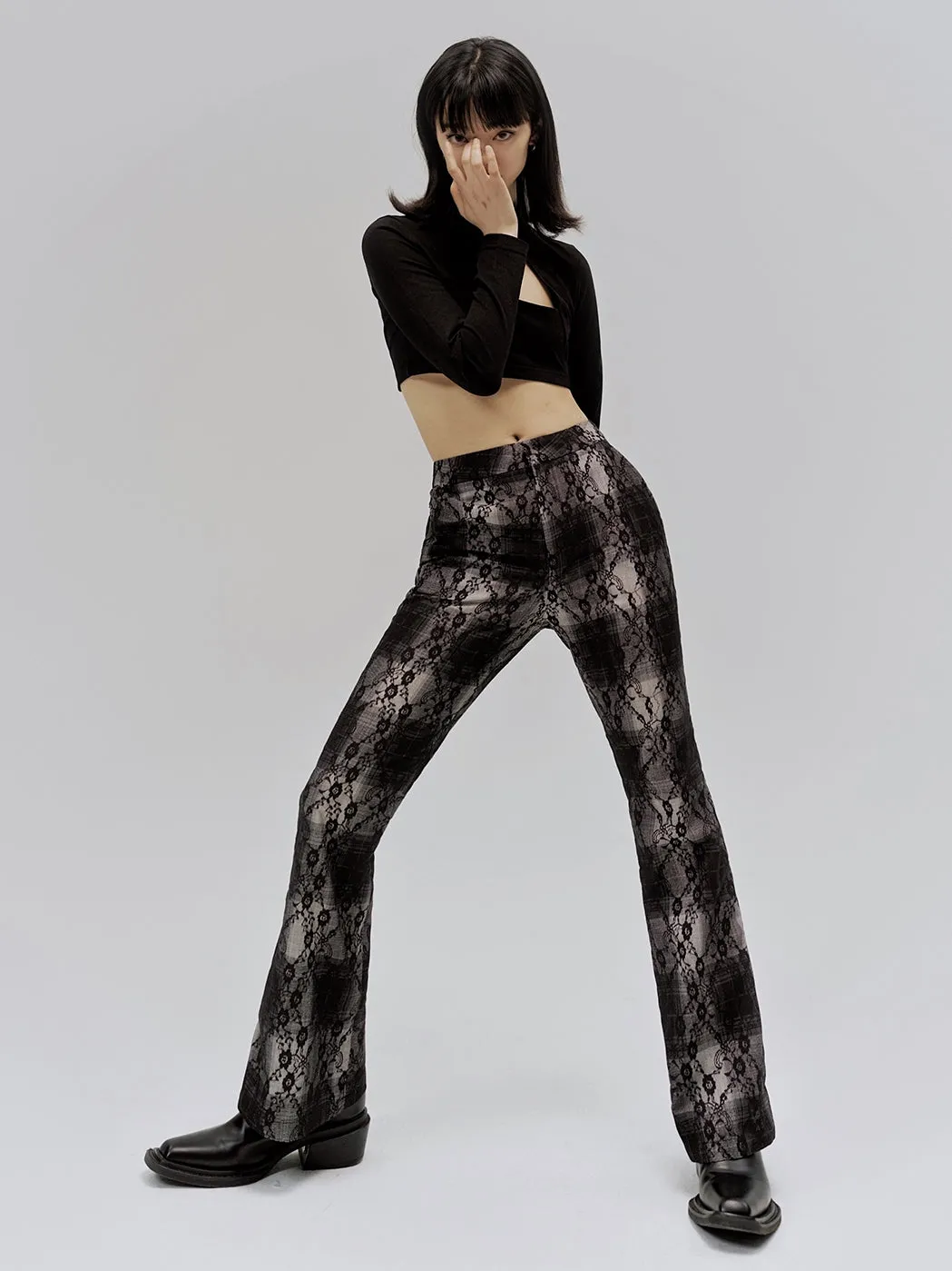 Micro-slack Plaid Flared Pants
