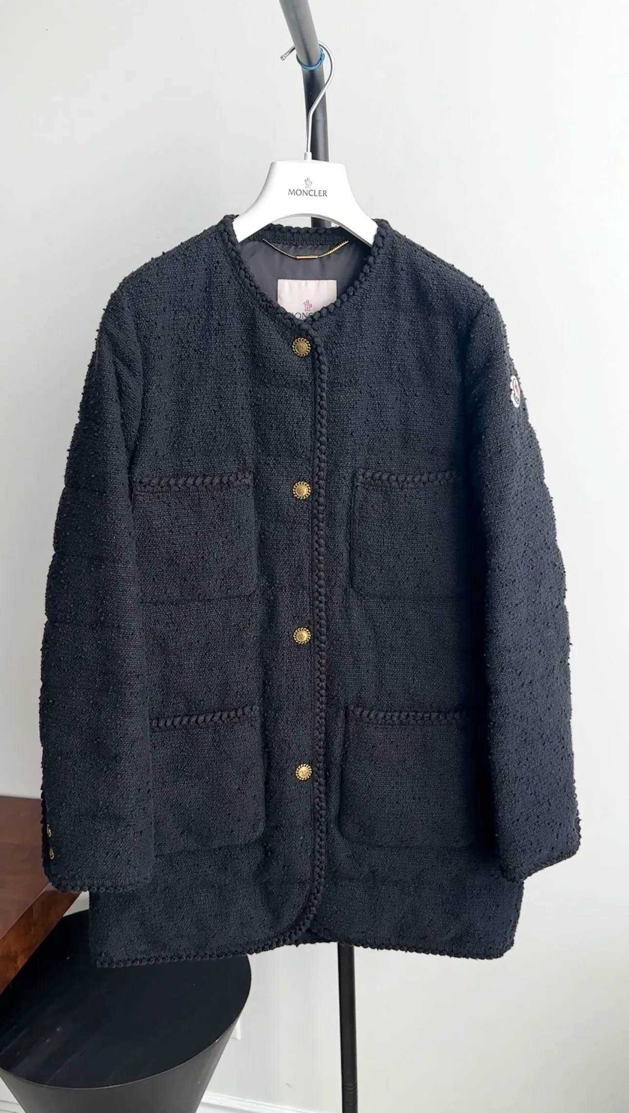 Moncler Black Epafo Tweed Padded Coat with Gold Buttons - 2 (6/8)