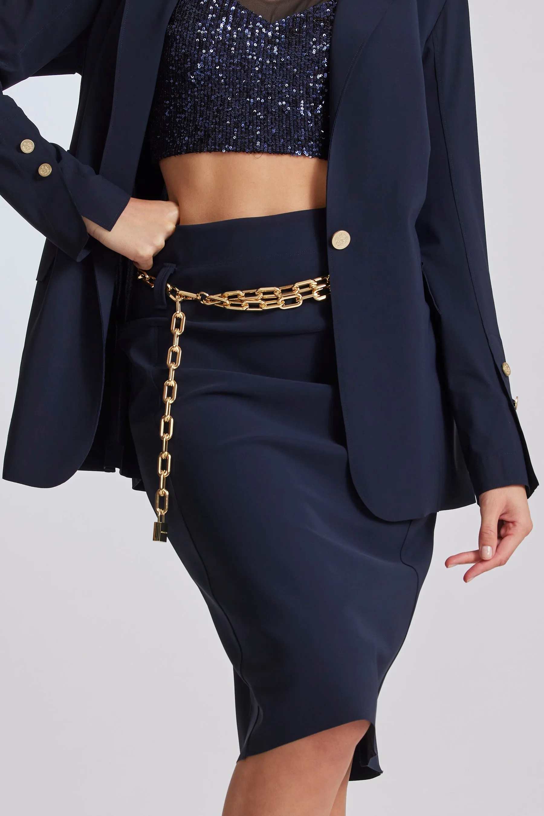 Paula Ryan Panelled Basque Pencil Skirt - Navy