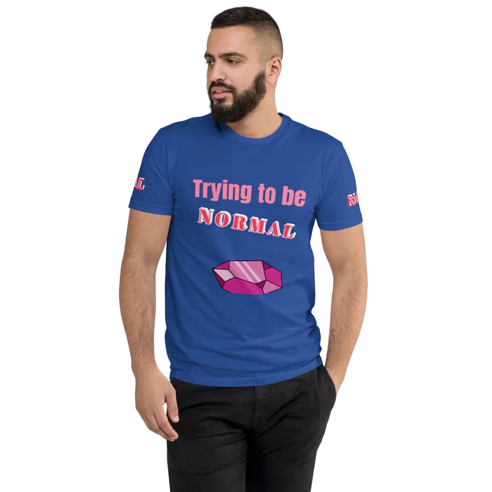 Print T-Shirt Slogan Front with Diamond, Both Arms Label Men's Fitted 100% Cotton