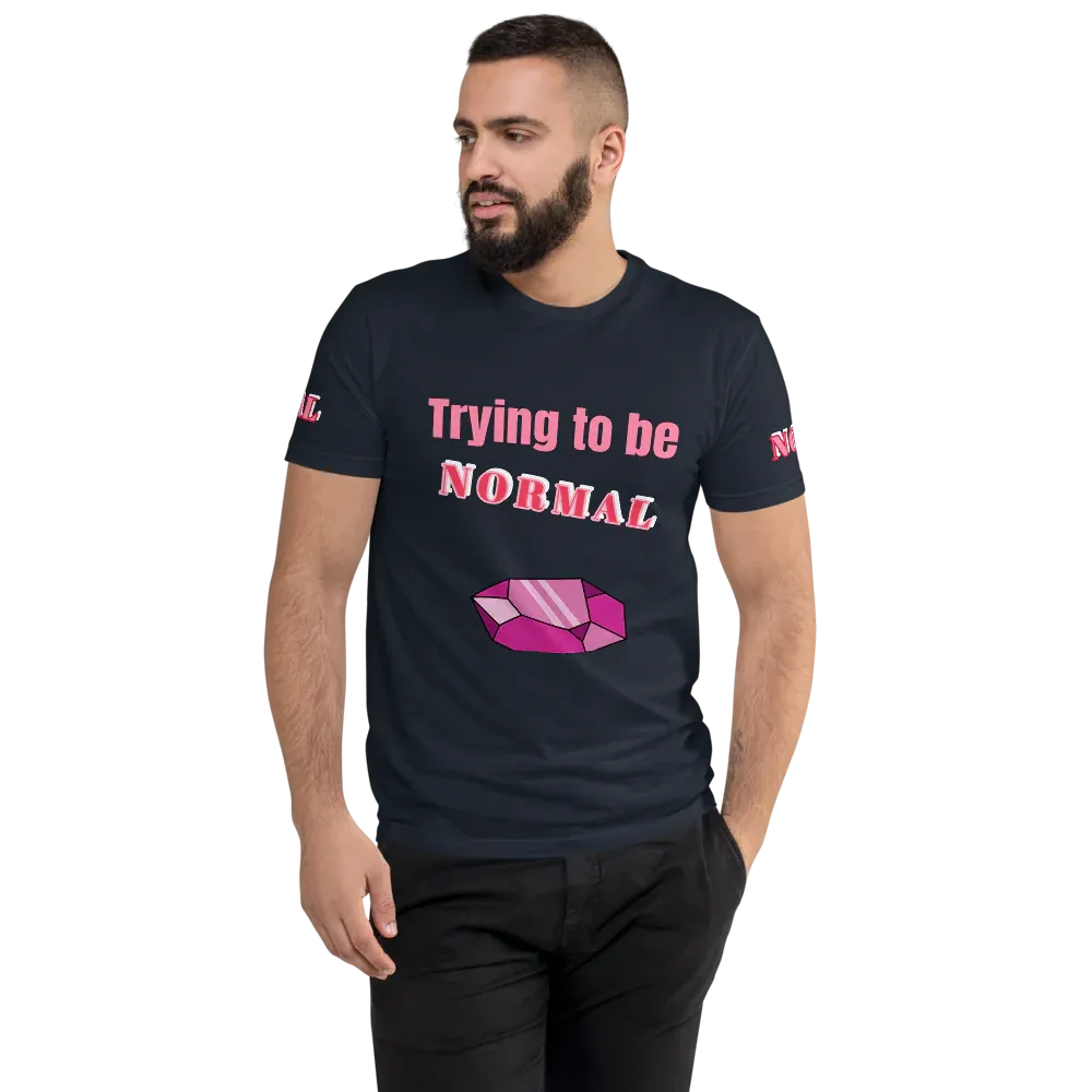 Print T-Shirt Slogan Front with Diamond, Both Arms Label Men's Fitted 100% Cotton