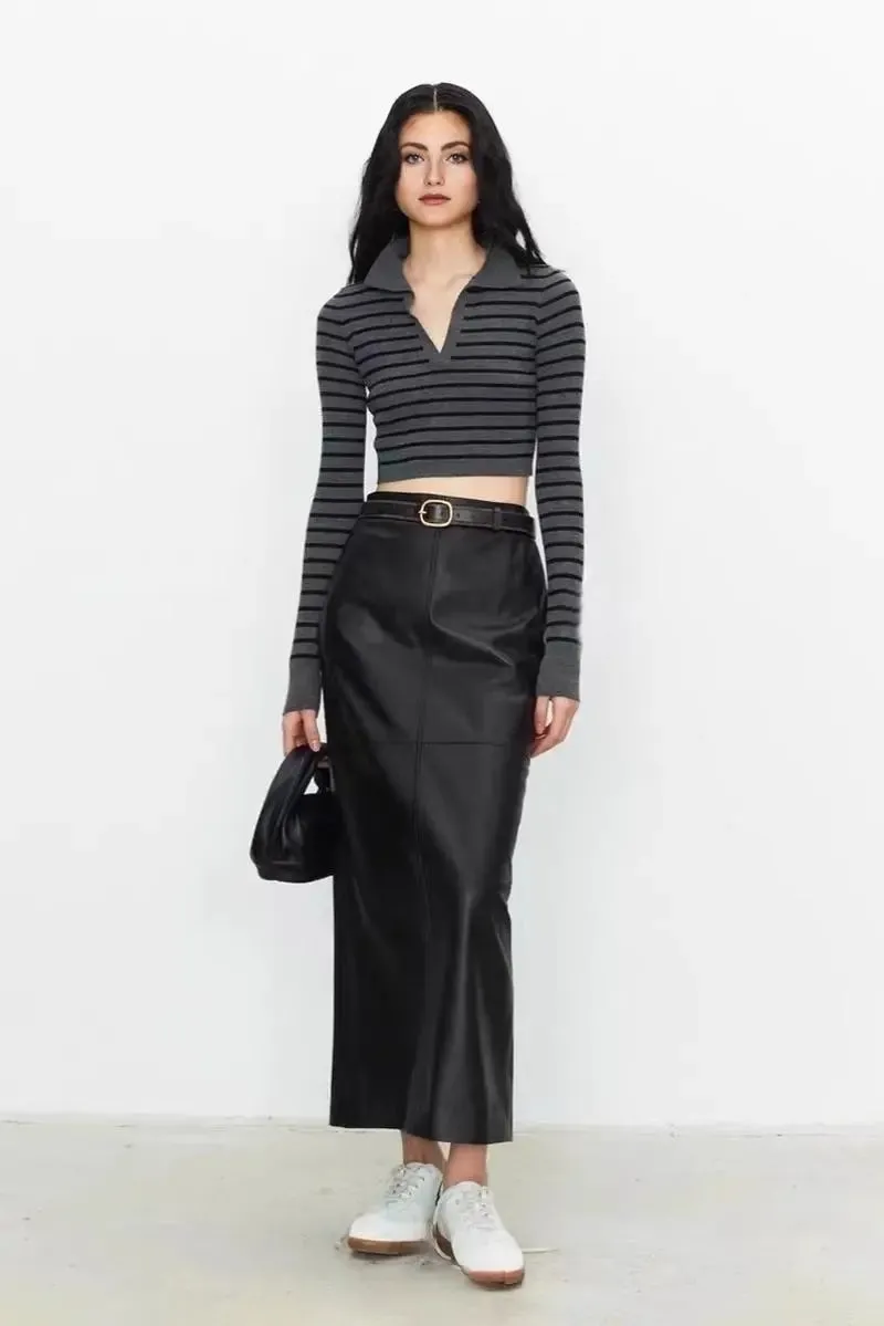 Real Lambskin Leather Pencil Maxi Skirt