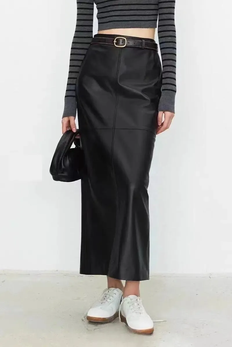 Real Lambskin Leather Pencil Maxi Skirt