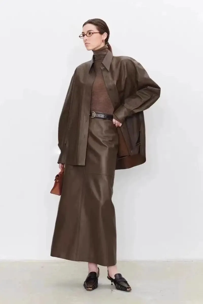 Real Lambskin Leather Pencil Maxi Skirt