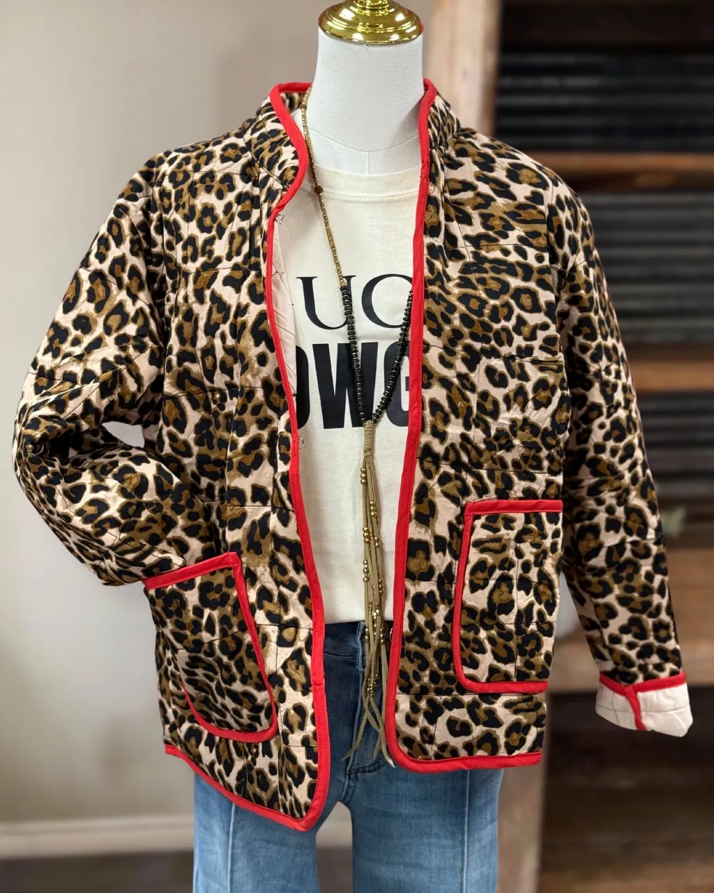 Red Piping Leopard Quilted Jacket