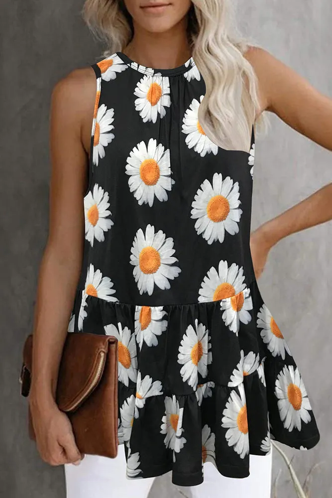 Sunflower Daisy Print Babydoll Tank Top
