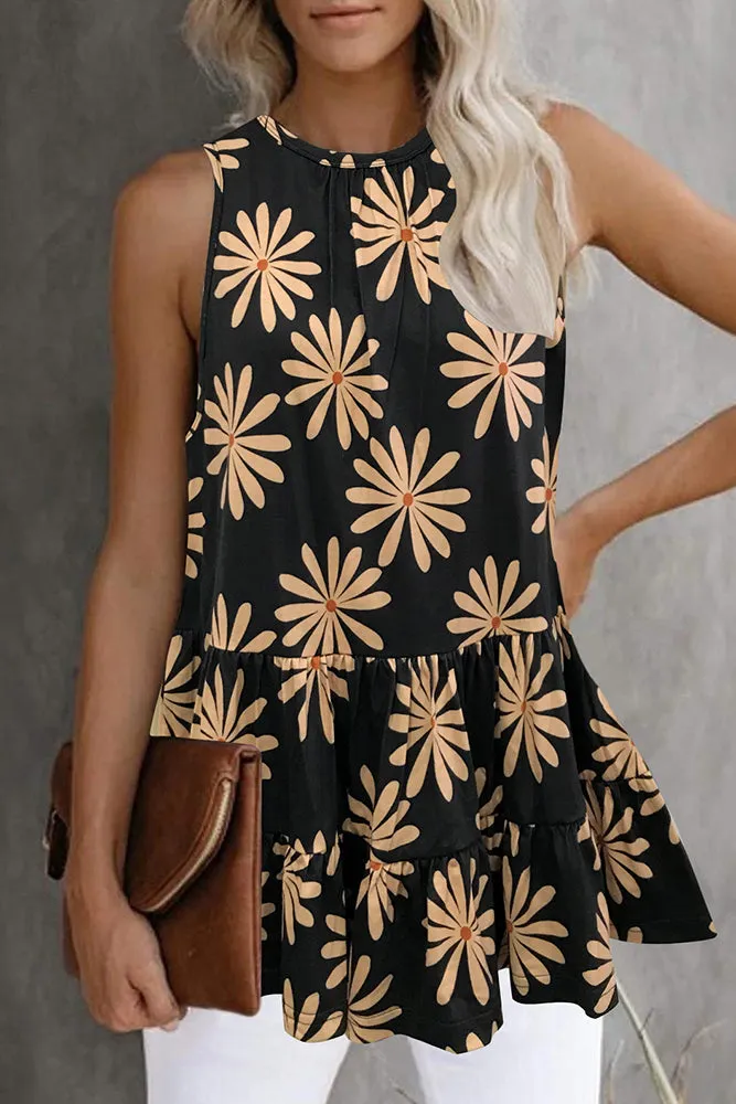 Sunflower Daisy Print Babydoll Tank Top
