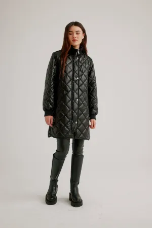 Vegan Leather Zip Front Diamond Quilted Coat