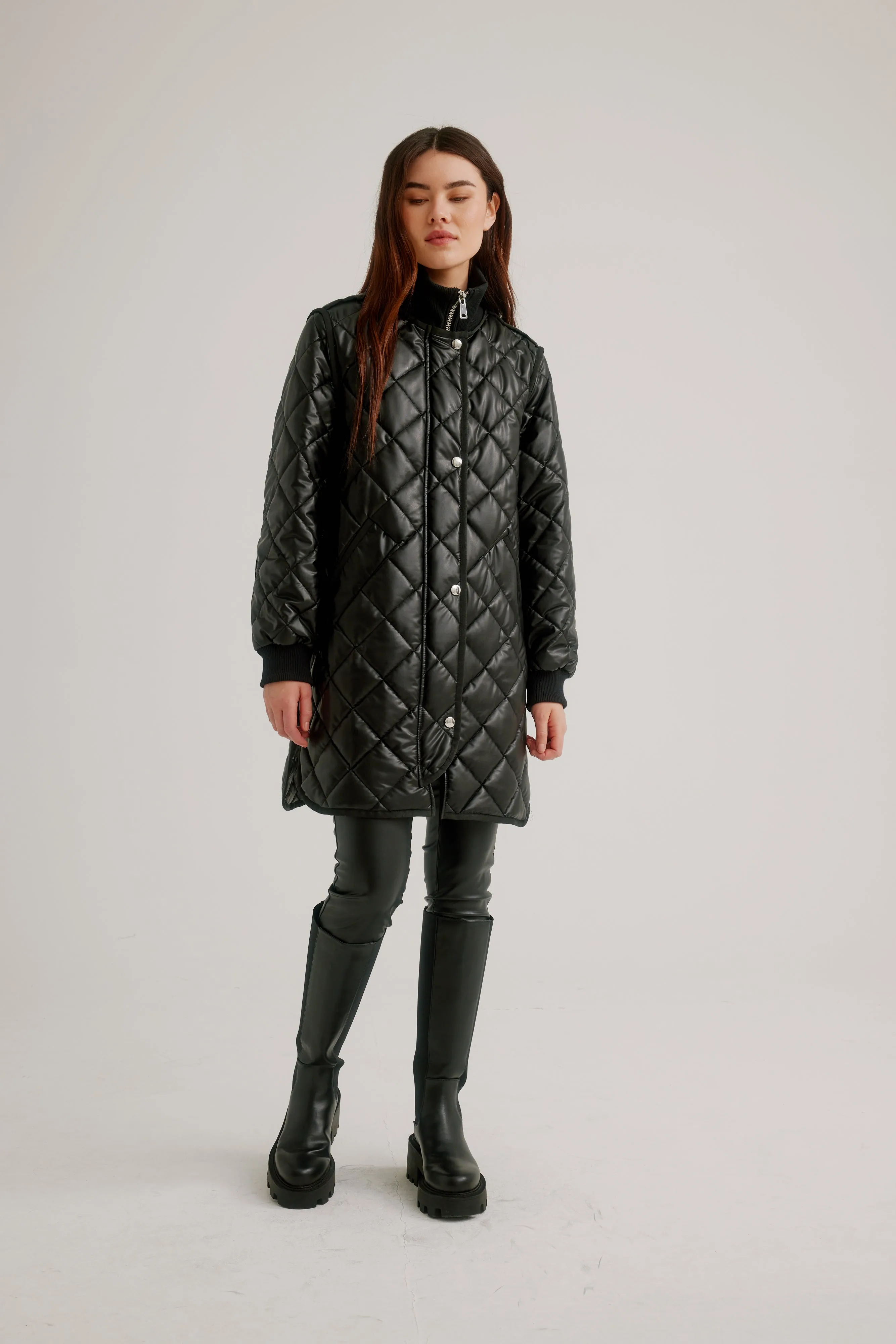 Vegan Leather Zip Front Diamond Quilted Coat