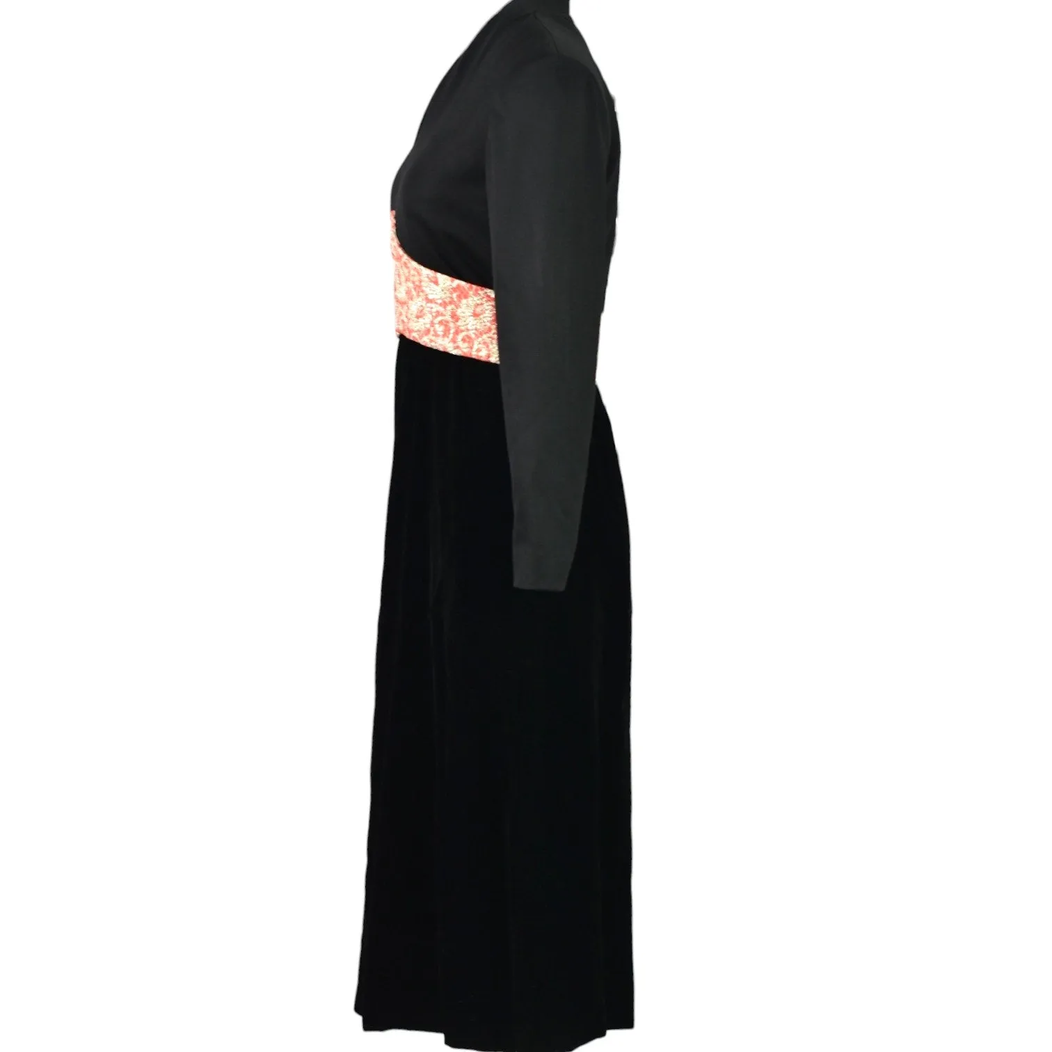 Vintage Midi Dress Black Banded A LIne Velvet Satin Long Sleeves Fit Flare Knit Brocade 60s 70s XS